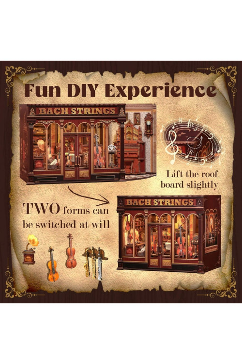 Book Nook Kit - Casas de muñecas DIY con Luces LED, Decoración para Estanterías Bibliotecas para Adultos, Puzzle 3D de Madera, Regalo Creativo para Mujeres(Bach Strings)