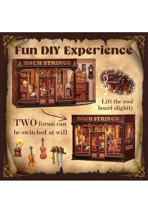 Book Nook Kit - Casas de muñecas DIY con Luces LED, Decoración para Estanterías Bibliotecas para Adultos, Puzzle 3D de Madera, Regalo Creativo para Mujeres(Bach Strings)