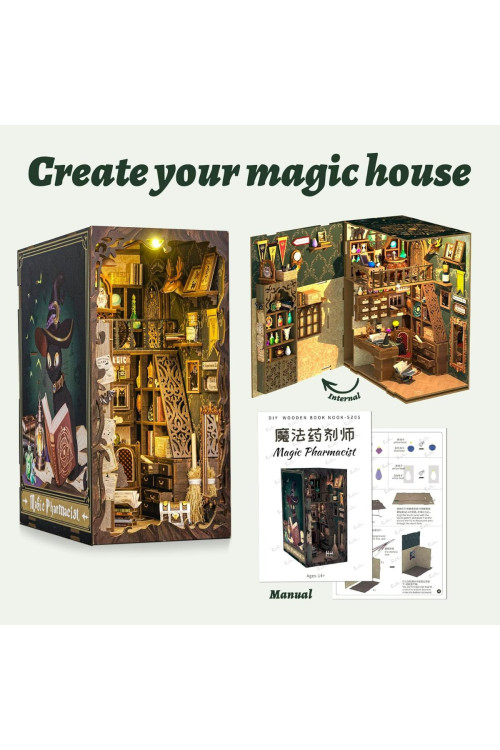 Book Nook Kit - Casa de muñecas en Miniatura de Madera con Muebles y Luces LED, Decoración de inserción de estantería Creativa,Magic Pharmacist