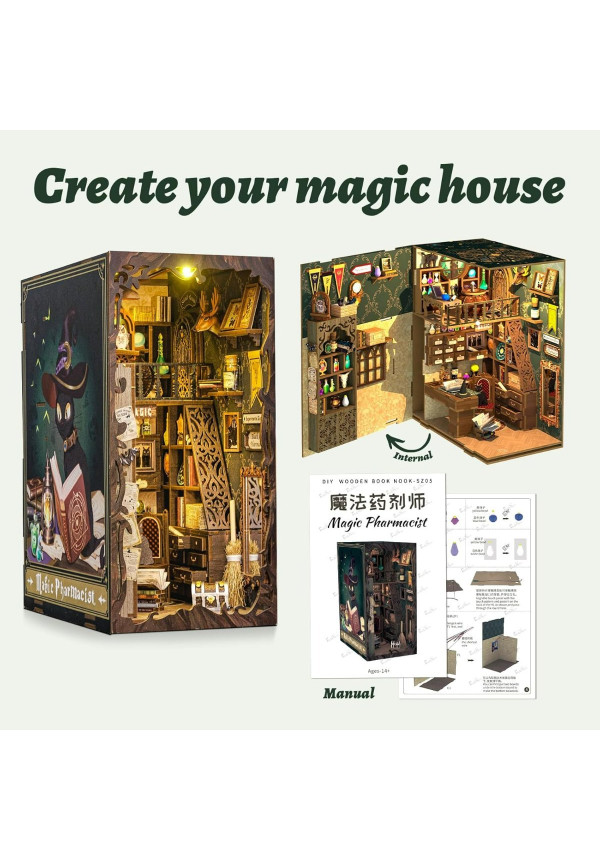 Book Nook Kit - Casa de muñecas en Miniatura de Madera con Muebles y Luces LED, Decoración de inserción de estantería Creativa,Magic Pharmacist