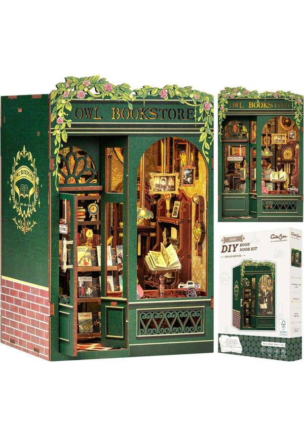 Book Nook Kit - DIY Miniature House,Casa de muñecas en Miniatura,Kit de construcción con Cubierta Antipolvo y luz LED, Booknook Maquetas para Adultos para Construir(Owl Bookstore)