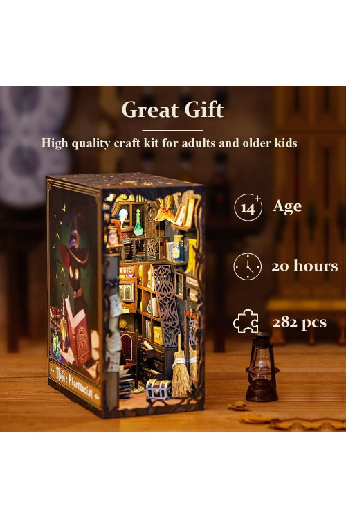 Book Nook Kit - Casa de muñecas en Miniatura de Madera con Muebles y Luces LED, Decoración de inserción de estantería Creativa,Magic Pharmacist