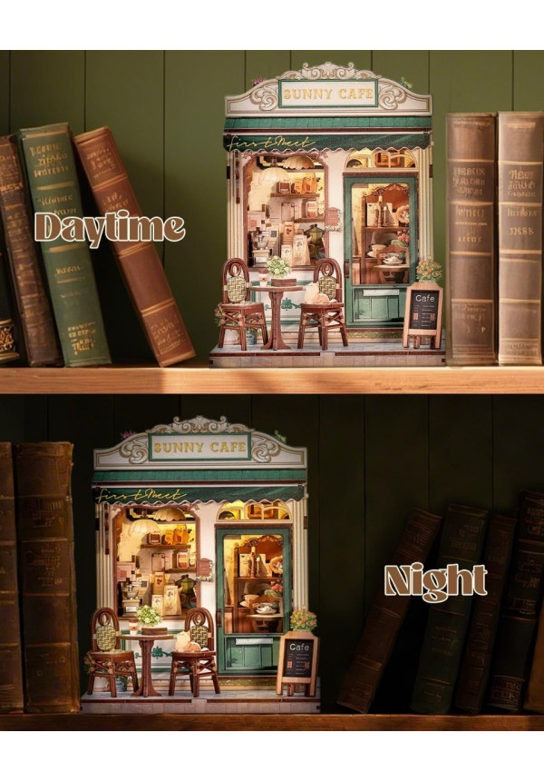 Book Nook Kit - Casa en Miniatura DIY con Luz LED, Sujetalibros Rompecabezas 3D de Madera, Decoración de Estantería Vintage en Cremallera Verde, Regalo Ideal para Adultos (Sunny Cafe)