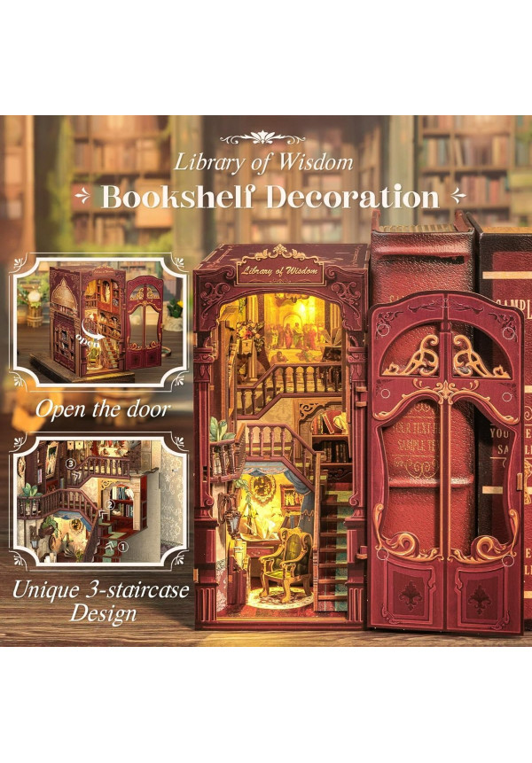 Book Nook Kit - DIY Miniature House,Casa de muñecas en Miniatura,Kit de construcción con Cubierta Antipolvo y luz LED, Booknook Maquetas para Adultos para Construir(Library of Wisdom)