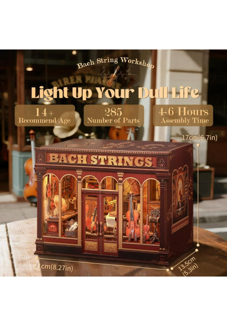 Book Nook Kit - Casas de muñecas DIY con Luces LED, Decoración para Estanterías Bibliotecas para Adultos, Puzzle 3D de Madera, Regalo Creativo para Mujeres(Bach Strings)