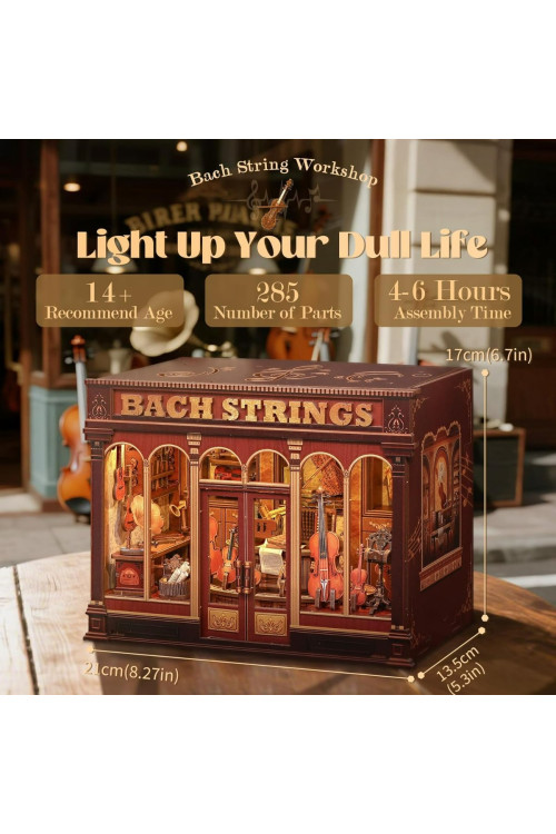 Book Nook Kit - Casas de muñecas DIY con Luces LED, Decoración para Estanterías Bibliotecas para Adultos, Puzzle 3D de Madera, Regalo Creativo para Mujeres(Bach Strings)