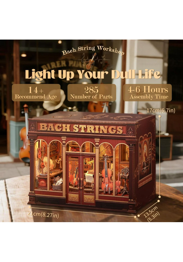 Book Nook Kit - Casas de muñecas DIY con Luces LED, Decoración para Estanterías Bibliotecas para Adultos, Puzzle 3D de Madera, Regalo Creativo para Mujeres(Bach Strings)