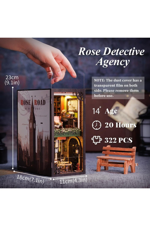 Casa de muñecas en Miniatura para Montar,DIY Book Nook Miniatura de la Casas de Muñecas Kit de rincón de Libros a Prueba de Polvo y con luz LED(Rose Detective Agency)