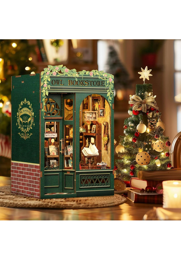 Book Nook Kit - DIY Miniature House,Casa de muñecas en Miniatura,Kit de construcción con Cubierta Antipolvo y luz LED, Booknook Maquetas para Adultos para Construir(Owl Bookstore)