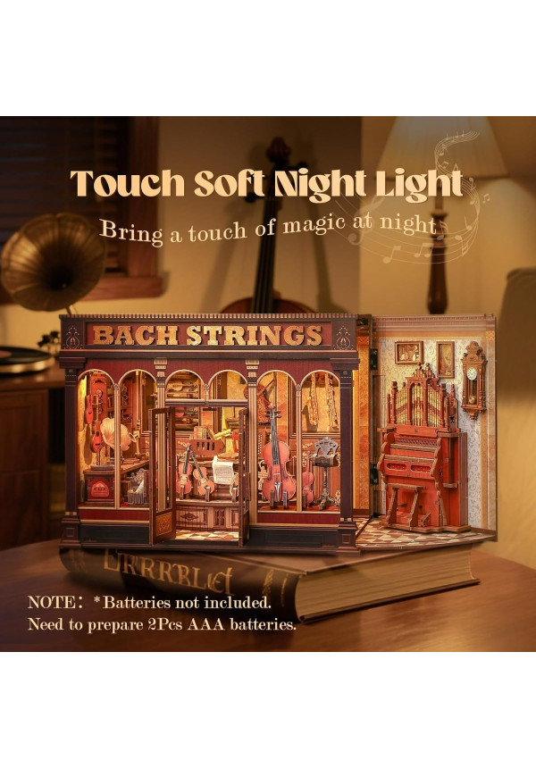 Book Nook Kit - Casas de muñecas DIY con Luces LED, Decoración para Estanterías Bibliotecas para Adultos, Puzzle 3D de Madera, Regalo Creativo para Mujeres(Bach Strings)