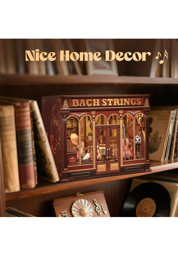 Book Nook Kit - Casas de muñecas DIY con Luces LED, Decoración para Estanterías Bibliotecas para Adultos, Puzzle 3D de Madera, Regalo Creativo para Mujeres(Bach Strings)