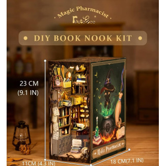 Book Nook Kit - Casa de muñecas en Miniatura de Madera con Muebles y Luces LED, Decoración de inserción de estantería Creativa,Magic Pharmacist