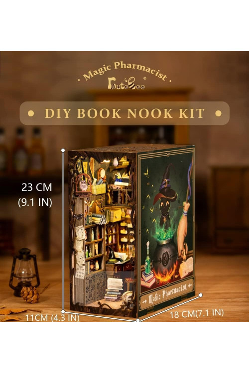 Book Nook Kit - Casa de muñecas en Miniatura de Madera con Muebles y Luces LED, Decoración de inserción de estantería Creativa,Magic Pharmacist