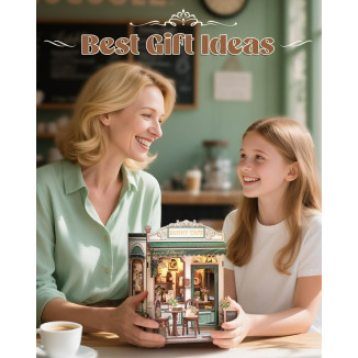 Book Nook Kit - Casa en Miniatura DIY con Luz LED, Sujetalibros Rompecabezas 3D de Madera, Decoración de Estantería Vintage en Cremallera Verde, Regalo Ideal para Adultos (Sunny Cafe)