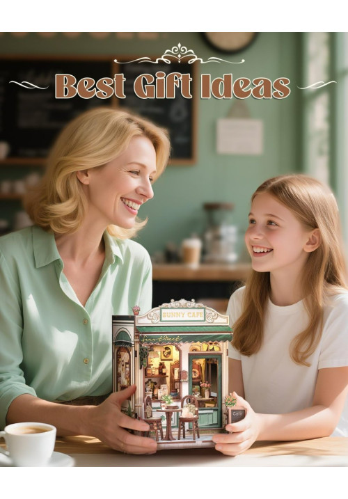 Book Nook Kit - Casa en Miniatura DIY con Luz LED, Sujetalibros Rompecabezas 3D de Madera, Decoración de Estantería Vintage en Cremallera Verde, Regalo Ideal para Adultos (Sunny Cafe)