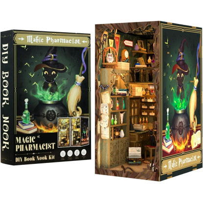 Book Nook Kit - Casa de muñecas en Miniatura de Madera con Muebles y Luces LED, Decoración de inserción de estantería Creativa,Magic Pharmacist
