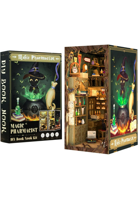 Book Nook Kit - Casa de muñecas en Miniatura de Madera con Muebles y Luces LED, Decoración de inserción de estantería Creativa,Magic Pharmacist