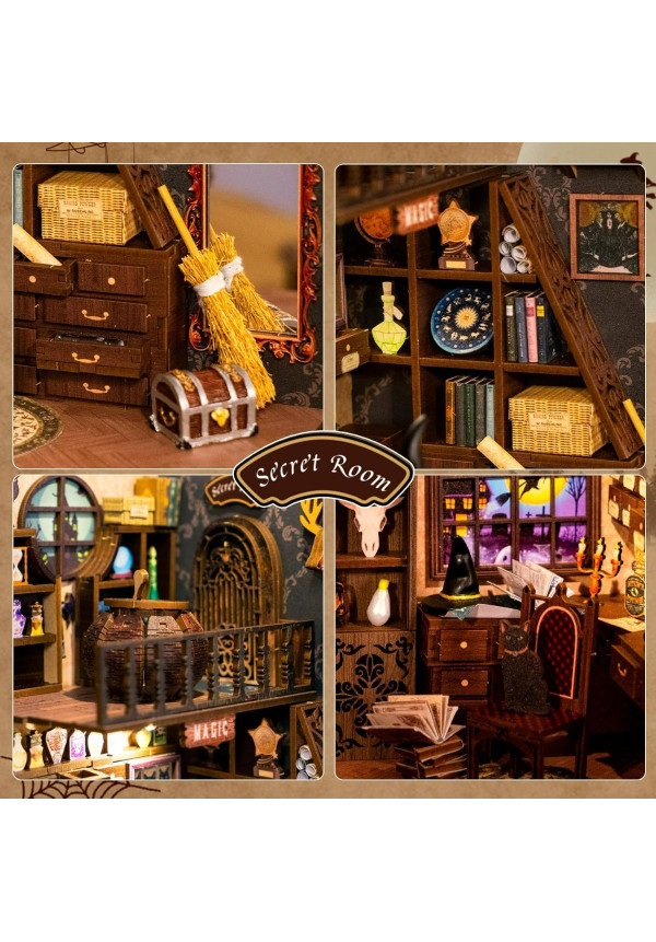 Book Nook Kit - Casa de muñecas en Miniatura de Madera con Muebles y Luces LED, Decoración de inserción de estantería Creativa,Magic Pharmacist