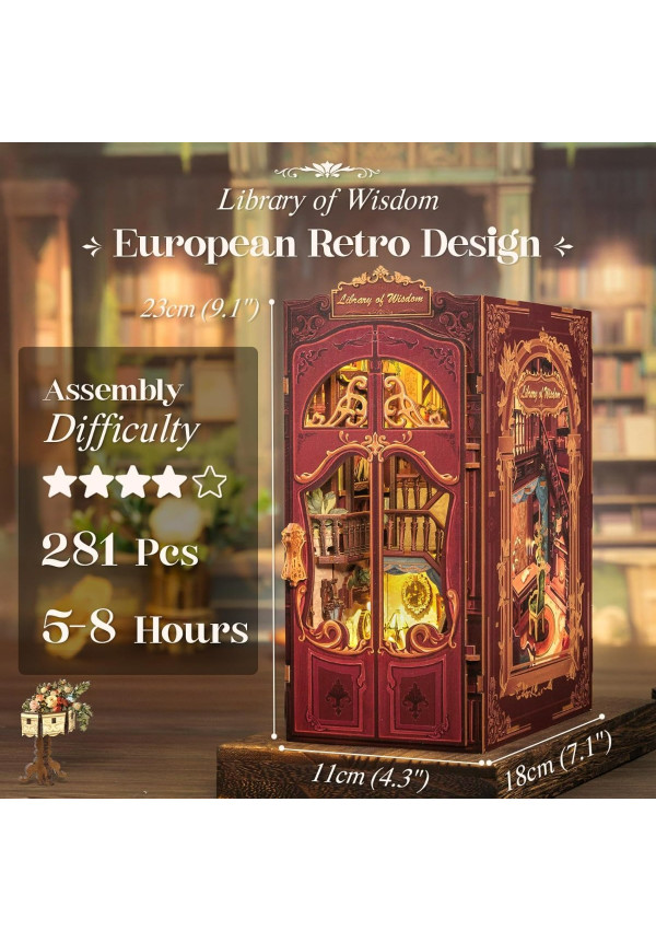 Book Nook Kit - DIY Miniature House,Casa de muñecas en Miniatura,Kit de construcción con Cubierta Antipolvo y luz LED, Booknook Maquetas para Adultos para Construir(Library of Wisdom)
