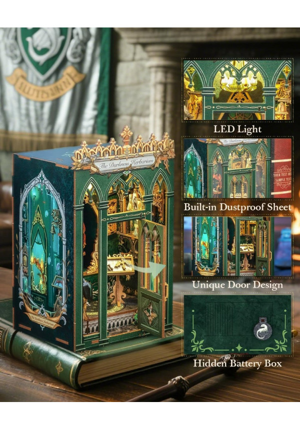 Book Nook Kit - Miniatura DIY Booknook, Puzzle 3D de Madera con Luz LED, Estantería Decorativa para Libros, Soportes para Libros, Regalo Creativo para Adultos y Aficio (The Darkness Herbarium)