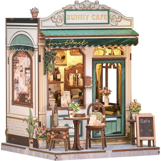 Book Nook Kit - Casa en Miniatura DIY con Luz LED, Sujetalibros Rompecabezas 3D de Madera, Decoración de Estantería Vintage en Cremallera Verde, Regalo Ideal para Adultos (Sunny Cafe)