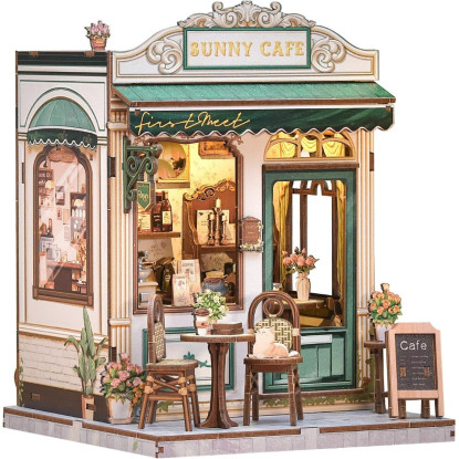 Book Nook Kit - Casa en Miniatura DIY con Luz LED, Sujetalibros Rompecabezas 3D de Madera, Decoración de Estantería Vintage en Cremallera Verde, Regalo Ideal para Adultos (Sunny Cafe)