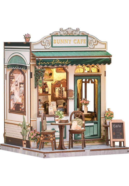 Book Nook Kit - Casa en Miniatura DIY con Luz LED, Sujetalibros Rompecabezas 3D de Madera, Decoración de Estantería Vintage en Cremallera Verde, Regalo Ideal para Adultos (Sunny Cafe)