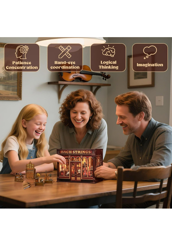 Book Nook Kit - Casas de muñecas DIY con Luces LED, Decoración para Estanterías Bibliotecas para Adultos, Puzzle 3D de Madera, Regalo Creativo para Mujeres(Bach Strings)