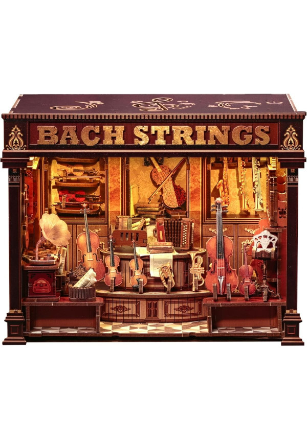 Book Nook Kit - Casas de muñecas DIY con Luces LED, Decoración para Estanterías Bibliotecas para Adultos, Puzzle 3D de Madera, Regalo Creativo para Mujeres(Bach Strings)