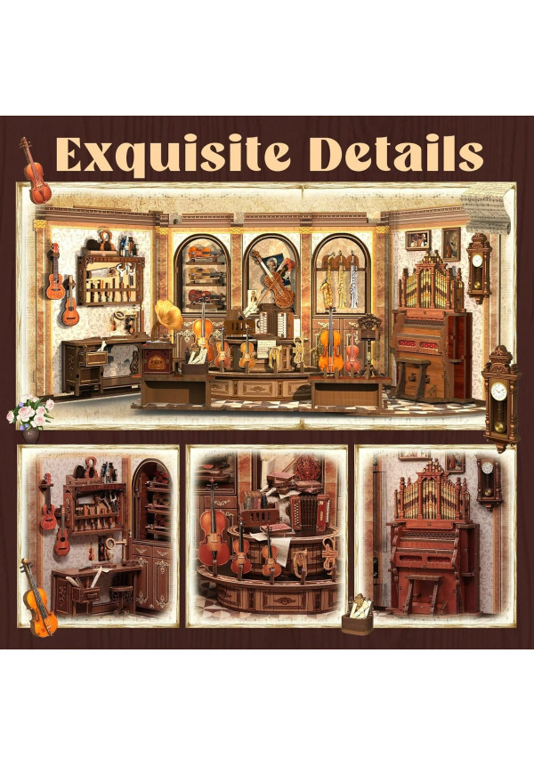 Book Nook Kit - Casas de muñecas DIY con Luces LED, Decoración para Estanterías Bibliotecas para Adultos, Puzzle 3D de Madera, Regalo Creativo para Mujeres(Bach Strings)