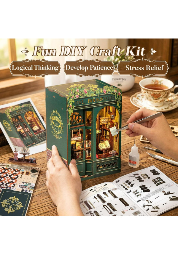 Book Nook Kit - DIY Miniature House,Casa de muñecas en Miniatura,Kit de construcción con Cubierta Antipolvo y luz LED, Booknook Maquetas para Adultos para Construir(Owl Bookstore)