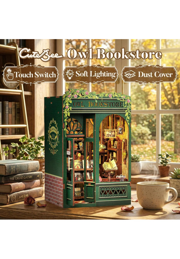 Book Nook Kit - DIY Miniature House,Casa de muñecas en Miniatura,Kit de construcción con Cubierta Antipolvo y luz LED, Booknook Maquetas para Adultos para Construir(Owl Bookstore)