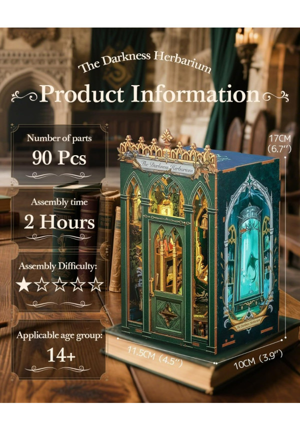 Book Nook Kit - Miniatura DIY Booknook, Puzzle 3D de Madera con Luz LED, Estantería Decorativa para Libros, Soportes para Libros, Regalo Creativo para Adultos y Aficio (The Darkness Herbarium)