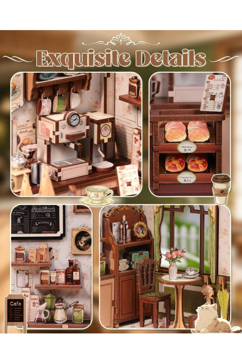 Book Nook Kit - Casa en Miniatura DIY con Luz LED, Sujetalibros Rompecabezas 3D de Madera, Decoración de Estantería Vintage en Cremallera Verde, Regalo Ideal para Adultos (Sunny Cafe)