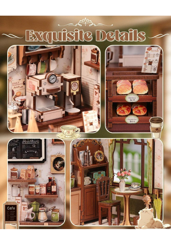 Book Nook Kit - Casa en Miniatura DIY con Luz LED, Sujetalibros Rompecabezas 3D de Madera, Decoración de Estantería Vintage en Cremallera Verde, Regalo Ideal para Adultos (Sunny Cafe)