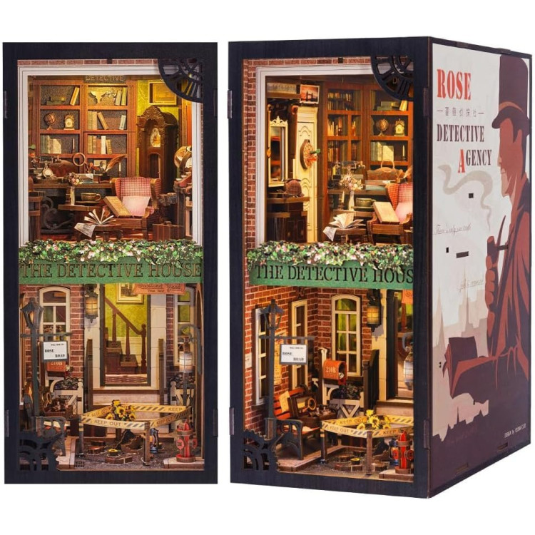 Casa de muñecas en Miniatura para Montar,DIY Book Nook Miniatura de la Casas de Muñecas Kit de rincón de Libros a Prueba de Polvo y con luz LED(Rose Detective Agency)