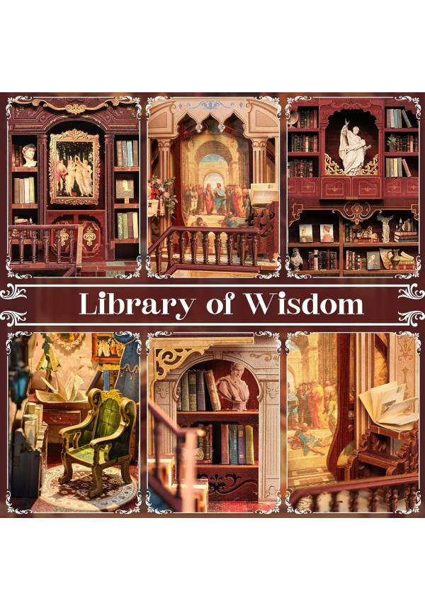 Book Nook Kit - DIY Miniature House,Casa de muñecas en Miniatura,Kit de construcción con Cubierta Antipolvo y luz LED, Booknook Maquetas para Adultos para Construir(Library of Wisdom)