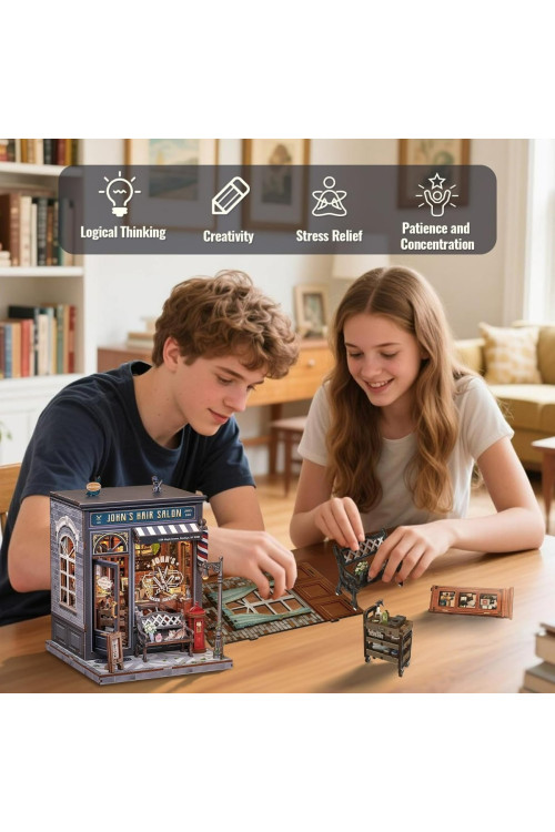 CUTEBEE Book Nook Kit - Casa de muñecas en Miniatura con iluminación LED, Rompecabezas de Madera 3D, decoración Retro y nostálgica para librería, Regalos (John's Hair Salon)