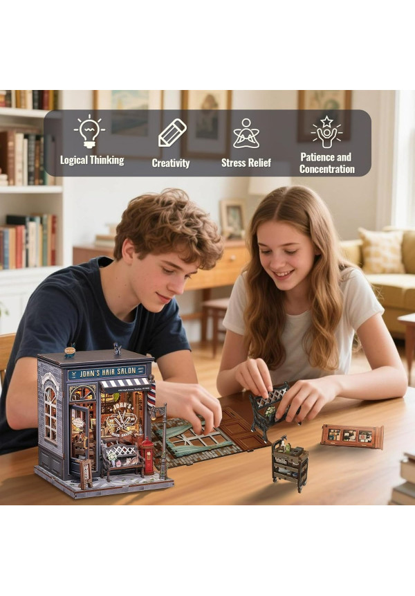 CUTEBEE Book Nook Kit - Casa de muñecas en Miniatura con iluminación LED, Rompecabezas de Madera 3D, decoración Retro y nostálgica para librería, Regalos (John's Hair Salon)
