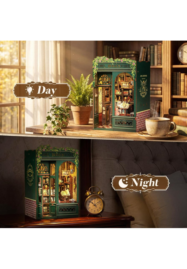 Book Nook Kit - DIY Miniature House,Casa de muñecas en Miniatura,Kit de construcción con Cubierta Antipolvo y luz LED, Booknook Maquetas para Adultos para Construir(Owl Bookstore)