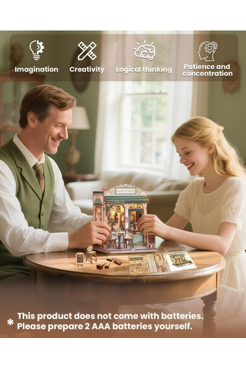 Book Nook Kit - Casa en Miniatura DIY con Luz LED, Sujetalibros Rompecabezas 3D de Madera, Decoración de Estantería Vintage en Cremallera Verde, Regalo Ideal para Adultos (Sunny Cafe)