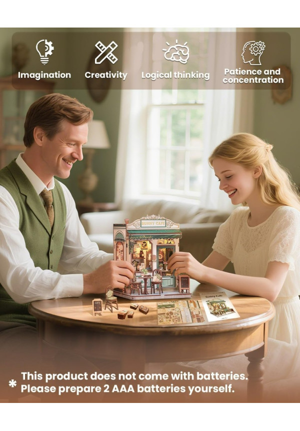 Book Nook Kit - Casa en Miniatura DIY con Luz LED, Sujetalibros Rompecabezas 3D de Madera, Decoración de Estantería Vintage en Cremallera Verde, Regalo Ideal para Adultos (Sunny Cafe)