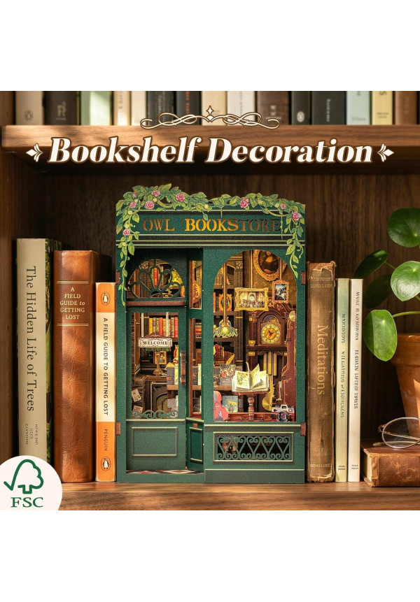 Book Nook Kit - DIY Miniature House,Casa de muñecas en Miniatura,Kit de construcción con Cubierta Antipolvo y luz LED, Booknook Maquetas para Adultos para Construir(Owl Bookstore)