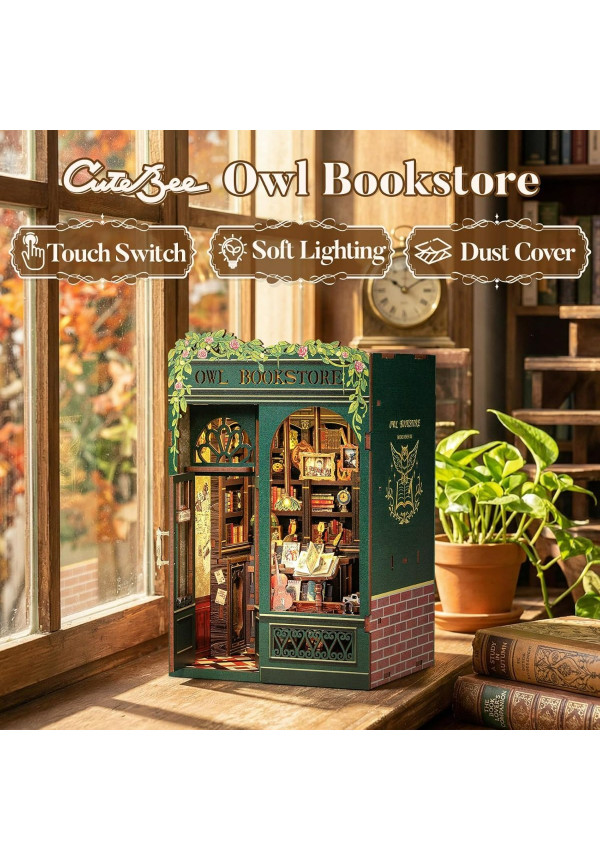 Book Nook Kit - DIY Miniature House,Casa de muñecas en Miniatura,Kit de construcción con Cubierta Antipolvo y luz LED, Booknook Maquetas para Adultos para Construir(Owl Bookstore)