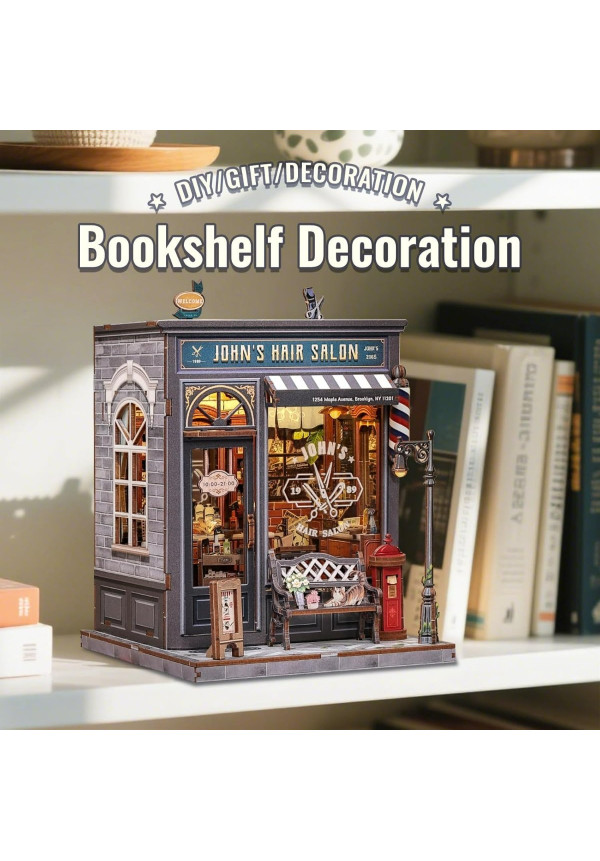 CUTEBEE Book Nook Kit - Casa de muñecas en Miniatura con iluminación LED, Rompecabezas de Madera 3D, decoración Retro y nostálgica para librería, Regalos (John's Hair Salon)