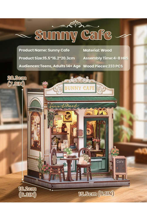 Book Nook Kit - Casa en Miniatura DIY con Luz LED, Sujetalibros Rompecabezas 3D de Madera, Decoración de Estantería Vintage en Cremallera Verde, Regalo Ideal para Adultos (Sunny Cafe)