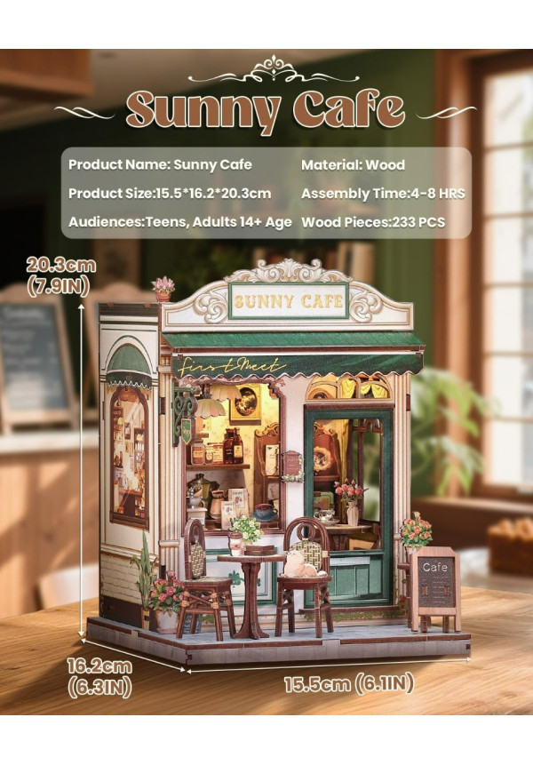 Book Nook Kit - Casa en Miniatura DIY con Luz LED, Sujetalibros Rompecabezas 3D de Madera, Decoración de Estantería Vintage en Cremallera Verde, Regalo Ideal para Adultos (Sunny Cafe)