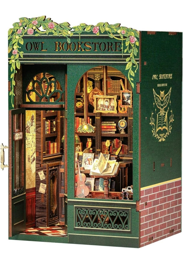 Book Nook Kit - DIY Miniature House,Casa de muñecas en Miniatura,Kit de construcción con Cubierta Antipolvo y luz LED, Booknook Maquetas para Adultos para Construir(Owl Bookstore)