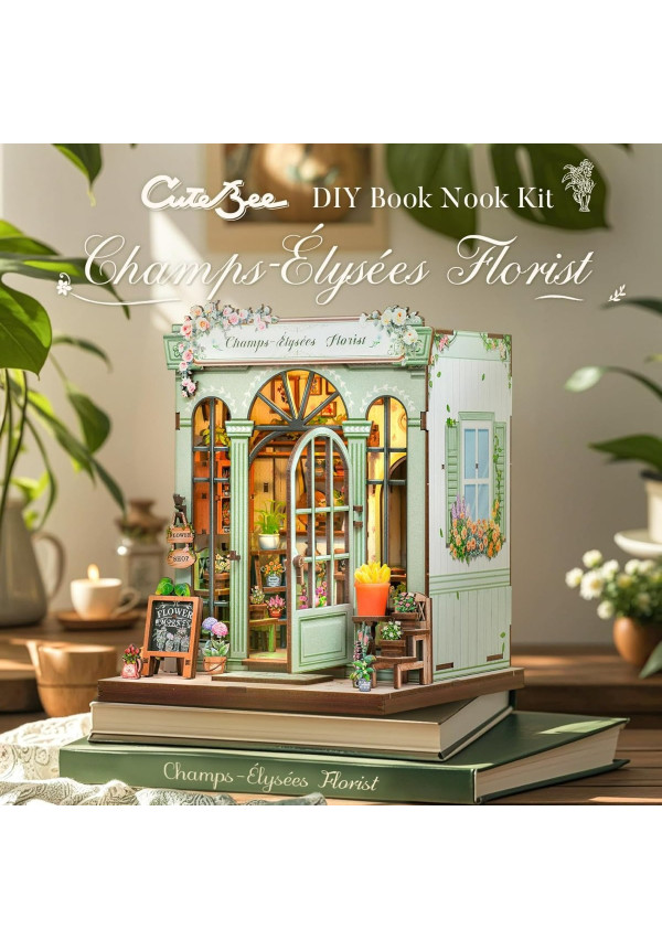 CUTEBEE Book Nook Kit - Casa de Muñecas de Flores Europea, DIY Jardín en Miniatura para Decorar Estanterías, (Champs-Élysées Florist)